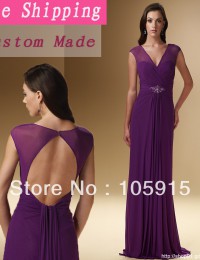 Free Shipping Purple See Through Mother of the Bride Dresses Cap Sleeves Open Back With Soutach Chiffon  MA2349
