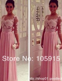 2014 Hot & Sexy See Through Tulle Back Half Sleeves Lace Applique A-line Floor Length Pink Chiffon-Prom Party Dresses Gowns MP-4