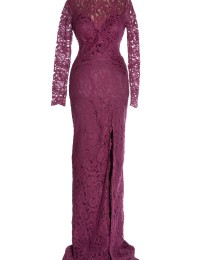 2014 Real Sample Long Sleeves Full Lace Mother Of The Bride Dresses Open Back Sheath Split Long dress Women Purple Satin EV1064