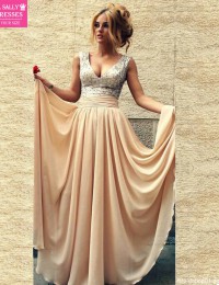 2015 Custom Made Vestidos De Renda Sexy Champagne With Sequins V Neck Long Prom Dresses Women Evening Dresses Chiffon VC-159