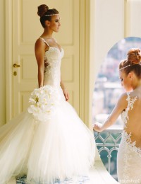Romantic Sweetheart Beaded Sleeveless Spaghetti Straps See Through Back Lace Mermaid Wedding Dresses Vestido De Noiva 2014 MK-3