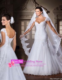 Stunning Vintage White Sweetheart With Cap Sleeves Beaded Pleat Lace Up Mermaid Lace Wedding Dresses Vestido De Renda 2015 MF275