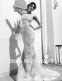 2014 New Fashion Custom Made Ivory Scoop Cap Sleeves Mermaid Lace See Through Open Back Beaded Wedding Dress Bride Gowns SV312