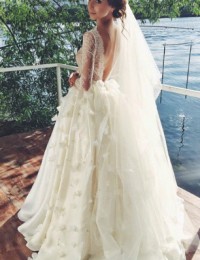 2016 A-Line Vintage Lace Wedding Dresses 3/4 Sleeve Sexy Backless Bridal Dresses Vestido De Noiva Robe De Mariee Flowers W1150