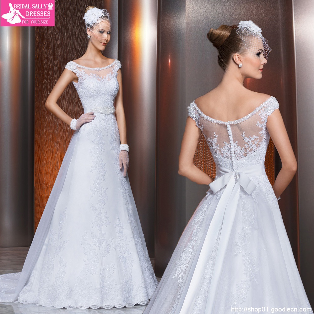 A-Line See Through Lace Vintage Wedding Dress Beaded With Sash Vestido De Noiva 2015 Bride Dresses Robe De Mariage BW-35