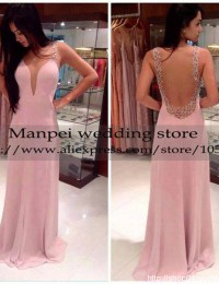 2015 Hot & Sexy A-Line Pink Scoop Sleeveless See Through Back Beaded Prom Dress Party Evening Elegant Vestidos de Fiesta MF-20