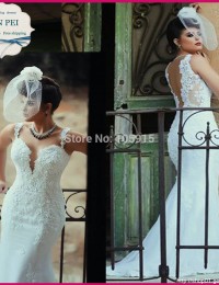 Stunning Sweetheart Spaghetti Straps Sleeveless Long Lace Wedding Dress 2015 Backless Court Train Mermaid Wedding Dresses M55