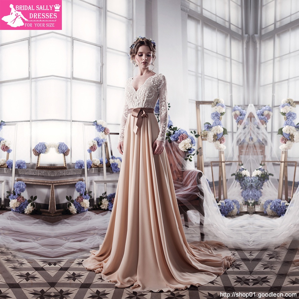 Champagne Long Sleeve Lace Wedding Dresses With Sash Romantic Wedding Gowns Shopping Sales Online Vestido De Noiva 2016 W1124K