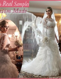 2014 White Real Photos White Lace And See Through Mermaid Wedding Dresses With Sleeves Ruffles Bridal Gowns Organza MH-2012