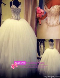 Real Sample Vestido De Csamento Sweetheart Spaghetti Straps Beading Crystals Lace Up Big Ball Gown Wedding Dresses 2014 MF186