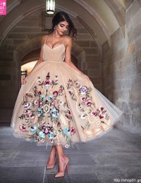 2016 New Prom Dresses Embroidery Spaghetti Straps Flowers Tea-Length Party Dresses vestido De Festa Sexy Evening Dresses W1157
