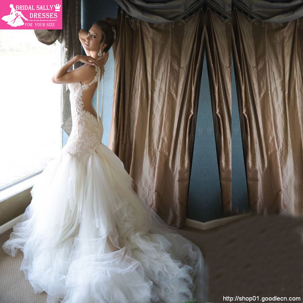 Real Sample Backless Pearls Mermaid Wedding Dresses Vintage Lace Wedding Dress 2015 Vestido De Noiva Summer Dress MS-94