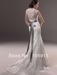 2014 Fashionable White Crystal Bow Sash Buttons V-Neck Mermaid See Through Wedding Dresses Bride Wedding Dress Lace MH05