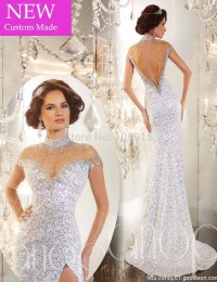 Sexy Custom Made Mermaid High Neck Sequins and Crystals High Slit Open Back Short  Sleeves Long Prom Evening Dresses Gowns 2014