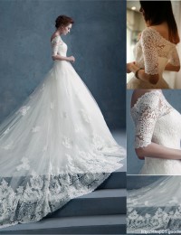 Latest Dress Designs A-Line White Off The Shoulder Half Sleeves Cathedral Train Elegant Lace Wedding Dresses Vestido Novia MK-6