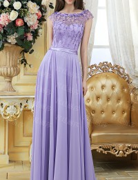 Fashionable Elegant A-Line Light Purple Scoop Cap Sleeves See Through Beading With Sash Long Chiffon Prom Dresses 2014 MF017