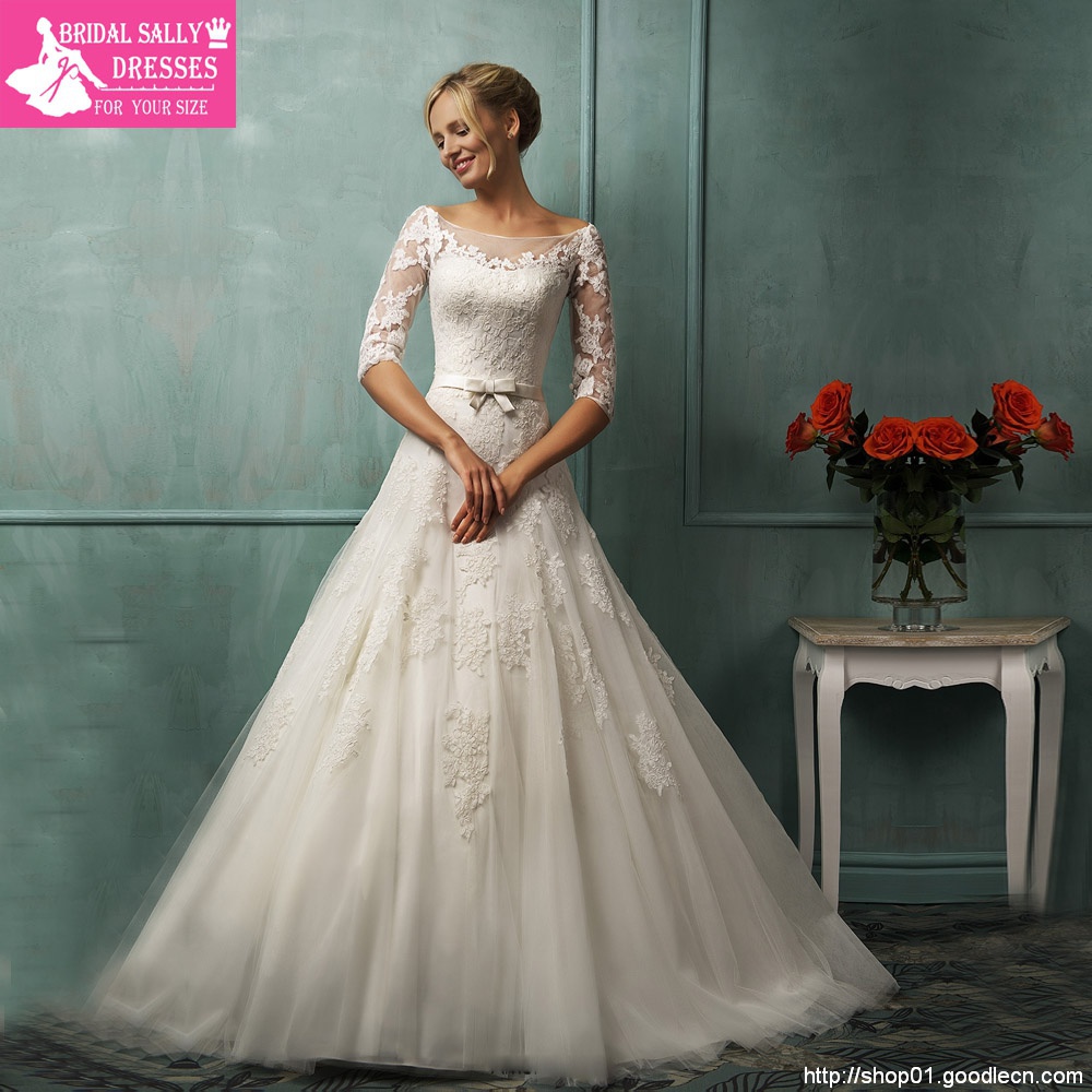 Unique A-Line Vintage Wedding Dress Half Sleeve Lace Wedding Gowns Backless Sexy Robe De Mariage With Sash Chapel Train W0409L