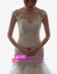Fashionable Scoop Noble And Elegant See Through Cap Sleeves Beaded Lace Mermaid Wedding Dresses 2015 Vestido De Casamento MF381