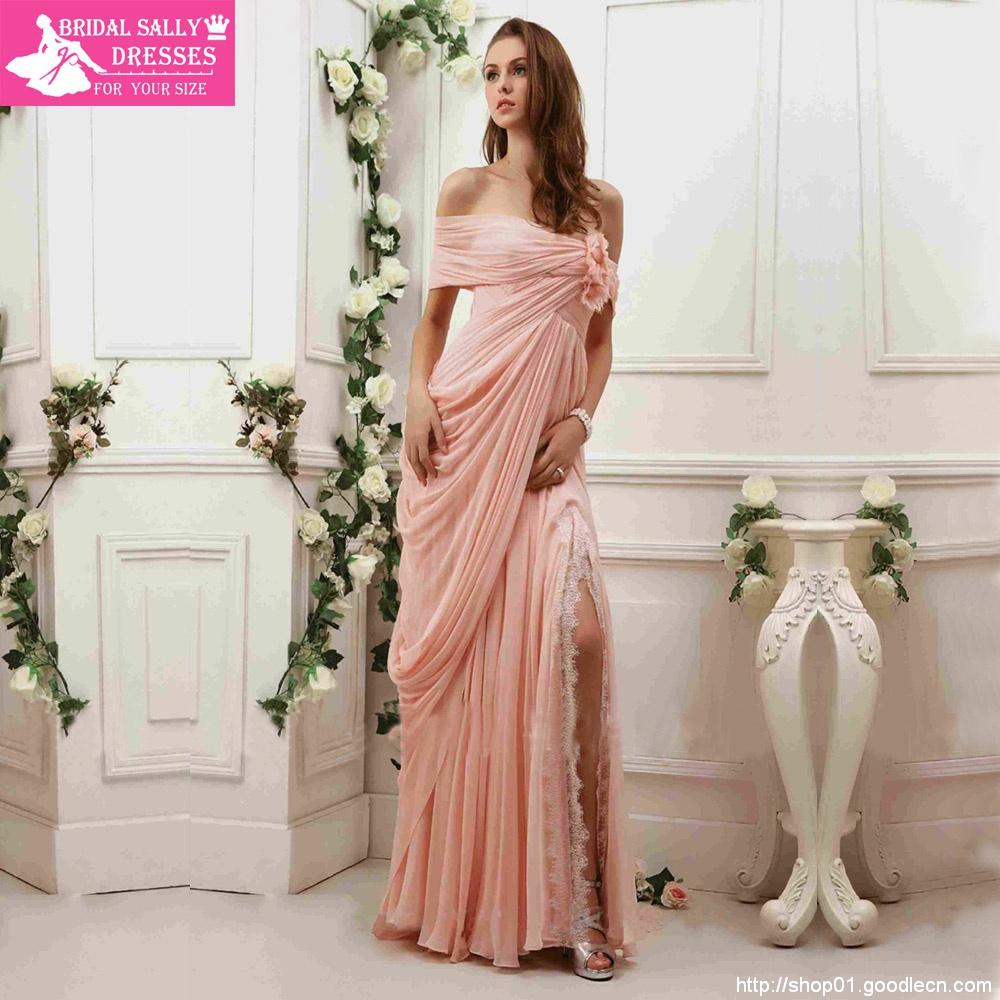 SM-69 Charming Pink Off-shoulder A-line Long Split Handmade Flower Sleeveless Floor-length Lace Prom Dresses