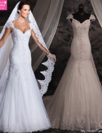 Vestido De Casamento Vintage Custom Made White Sweetheart Cap Sleeves Lace Up Beading Mermaid Lace Wedding Dresses 2015 MF275
