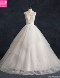 2015 Vestido de Noiva Renda White A-Line Scoop Sleeveless Long Lace See Through Beading Sash Tiered Sexy Wedding Dresses MF-196
