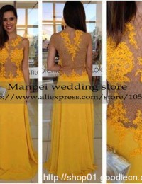 2015 Vestidos Longos Fashionable Yellow A-Line Scoop See Through Sleeveless Long Lace Prom Dress Party Evening Elegant MF-16