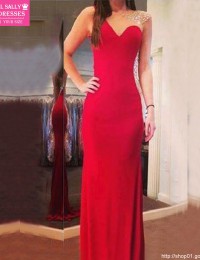 2015 New Fashion Mermaid Women Wedding Party Dress Sheer Back Sweetheart Crystal Beaded Red Chiffon Long Prom Dresses MP-7