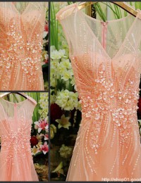 Popular New Design Sexy A-Line Pink V-Neck With Cap Sleeves Beading Pearls See Through Long Elegant Prom Dresses 2014 MF-012