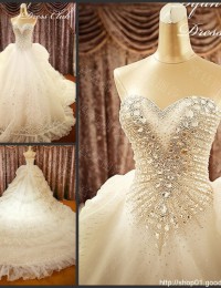 Luxury Elegant Vintage A-Line Sweetheart Sleeveless Beaded Crystals Long White Lace With Big Train Wedding Dresses 2014 MF023