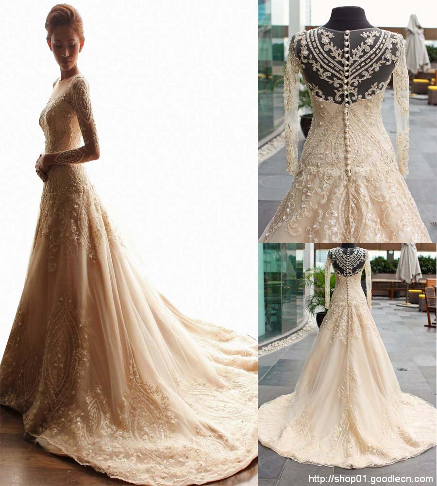 First-Class Real Sample Ivory A-Line Scoop See Through Noble Beaded Vestido Casamento Long Sleeve Lace Wedding Dresses 2015MF386