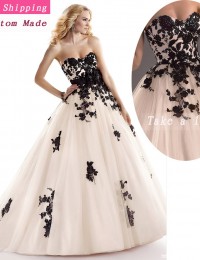 Custom Made Fashionable Ivory Flutty Removable-Flower-Sash Black Lace Wedding Dress Free Shipping  Bride Wedding Ball Gowns JK02
