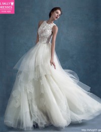Romantic Design A-Line Scoop Sleeveless Appliques Long See Through Tulle Lace Vintage Wedding Dress Vestido De Noiva 2015 MK-8