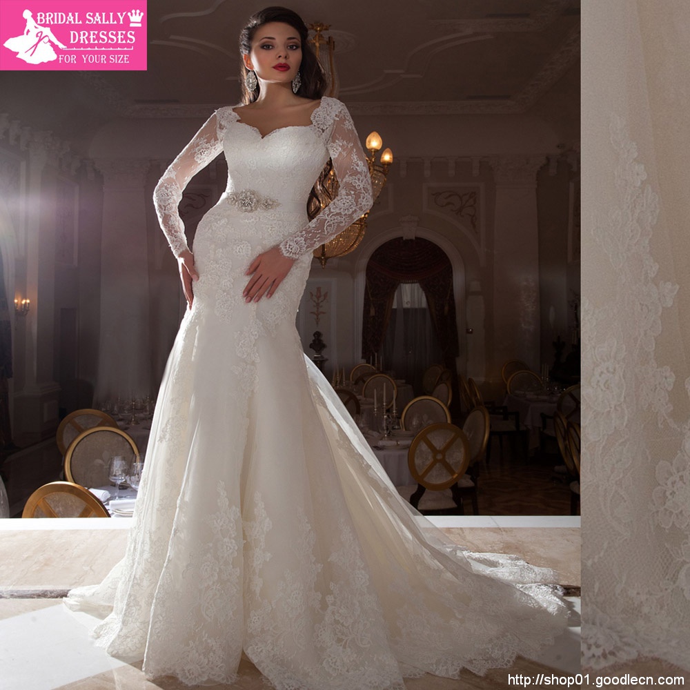 Sheer Long Sleeve Lace Wedding Dress Beading Sash Mermaid Wedding Dresses Vestido De Noiva 2015 Casamento Robe De Mariage MM07