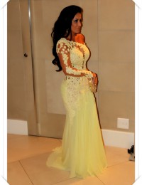 Real Sample Charming Yellow Back See Through Lace Mermaid Evening Dresses With Long Sleeve Prom Dresses Chiffon VC126