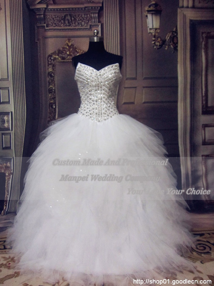 2013 Luxury Real Sample White With Crystals Pleated Ball Gown See Through Wedding Dresses Bride Gowns Tulle RS-19