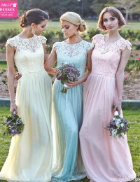 2015 Lace Scoop Sheer Cap Sleeve Long Prom Party Dresses Vestido De Festa Longo Bridemaid Dresses Chiffon MK-162