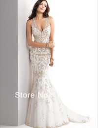 2014 Exquisite Hot Ivory Crystal Deep V-Neck Mermaid See Through Embroidered Wedding Dresses Bride Wedding Dress Satin SV13