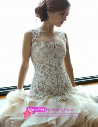 Gorgeous Ivory Scoop Sleeveless See Through Lace Beaded Tiered Ruffles Sexy High Low Wedding Dresses 2015 Robe De Mariage MF382