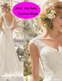 2015 Custom Made  Fashionable V-Neck Chiffon Detachable Back Cowl  A Line Lace Beach Wedding dresses Bridal Gowns