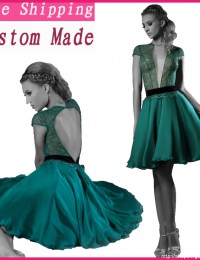 Hot Sexy Unique Design Dark Green With Sleeves Lace Short Cocktail Dresses Open Back Women Party Dresses Chiffon CO1031