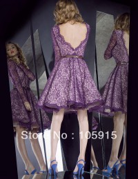 Hot Sell Custom Made Sexy Purple Lace With Long Sleeves V Back Short Knee Length Cocktail Dresses Homecoming Dresses Satin VC-28