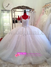 Gorgeous Real Sample Spaghetti Strap Sweetheart Beaded Diamond Luxury Shining Puffy Vintage Ball Gown Wedding Dresses 2014 MF257