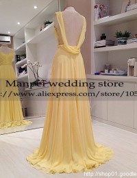 2015 Vestido de Festa Longo A-Line Yellow Scoop Lace Sleeveless See Through Back Long Prom Dress Party Evening Elegant  MF-8
