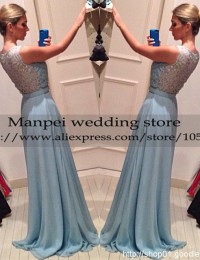 2015 Fashionable Design Sexy A-Line Blue Scoop Sleeveless Lace Long See Through Prom Evening Dresses Vestidos de Fiesta MF-19